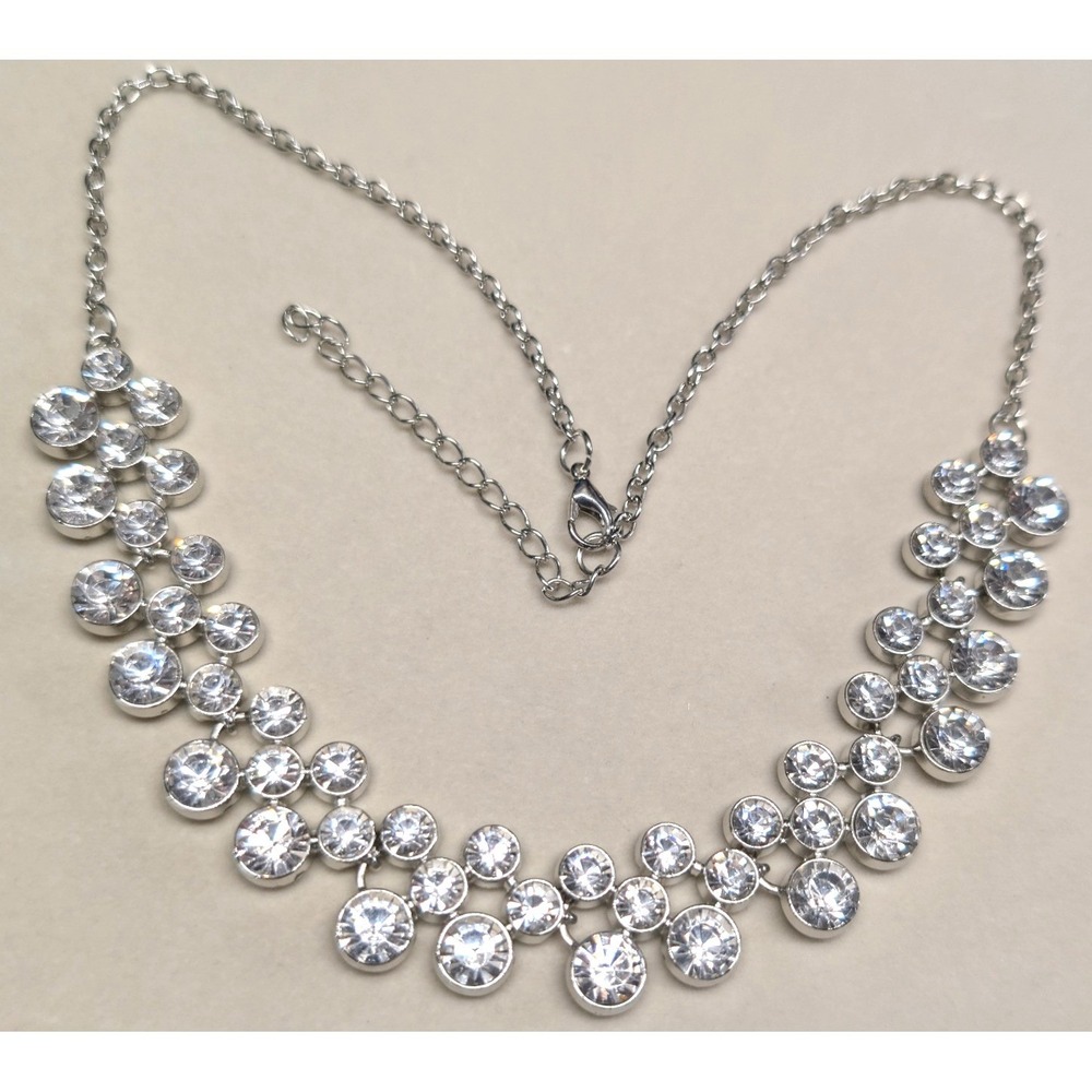 New Statement Bib Necklace Silver Tone Clear Rhinestone 21" Wedding Prom Jewelry